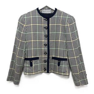 Vintage Evan Picone Blazer Women's 6 Wool Plaid Houndstooth Pockets Navy Green